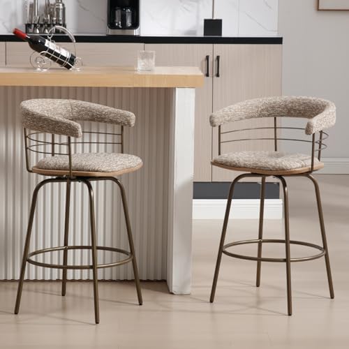 Set of 2 Mid-Century Swivel Bar Stools for Kitchen Island, 26 Inch Counter Height in Khaki Chenille Fabric