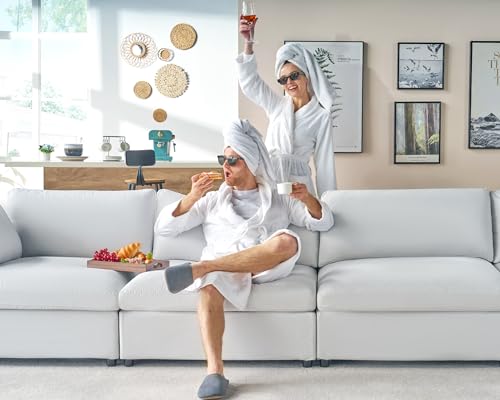Oversized Down Filled Modular Sectional Sofa, 4 Seats L Shaped Couch with Chaise, Ottoman - Comfy White Linen Couch Set for Living Room