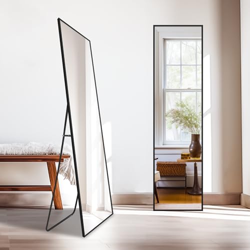 Full Length Standing Mirror for Bedroom and Living Room - Black Aluminum Frame (56x15)