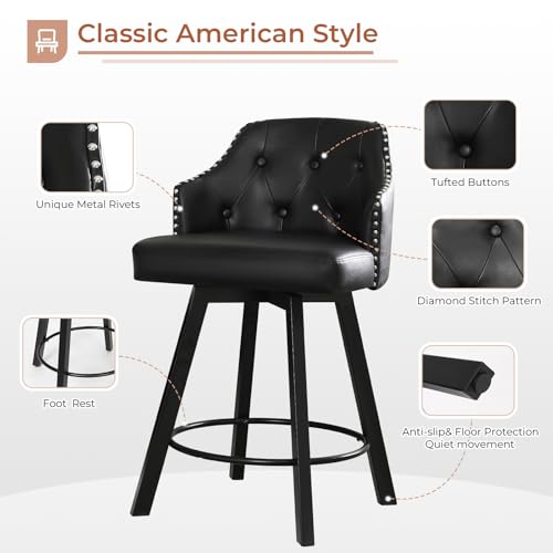 26 Swivel Leather Bar Stools Set of 2, Black Counter Height with Tufted Back and Metal Legs, Upholstered Chairs for Kitchen Island (Button Tufted and Rivet)