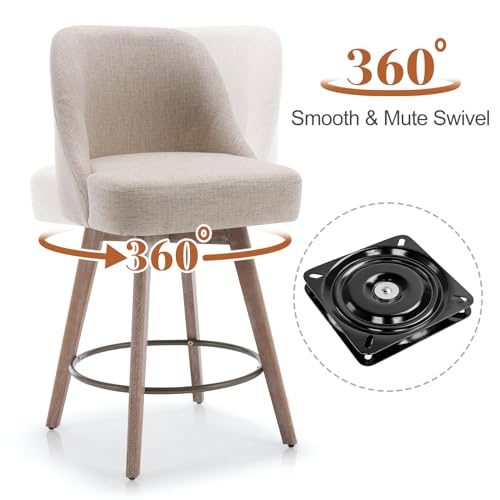 Modern Mid-Century Swivel Barstools Set of 2, Linen Fabric Upholstered, 26 Seat Height - Sand Color (Kitchen Island Counter Stools)