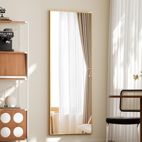 Full Length Floor Mirror with Thin Frame, Shatterproof Tempered Glass, for Living Room, Gold