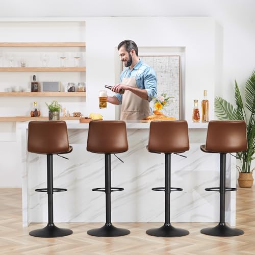 Swivel Counter Height Bar Stools with Back, Adjustable 24 to 32, Brown Faux Leather - Set of 2