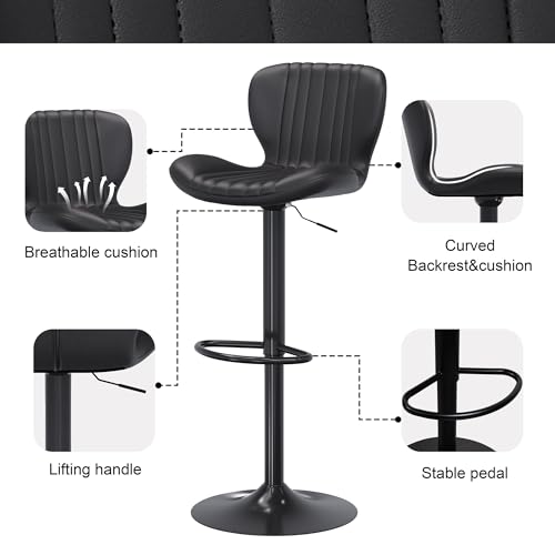 Modern Leather Bar Stools Set of 2 for Kitchen, Black