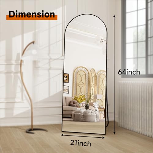 HARRITPURE 64x21 Arched Full Length Mirror - Free Standing or Wall-Mounted, Black Aluminum Frame for Living Room, Bedroom, and Cloakroom