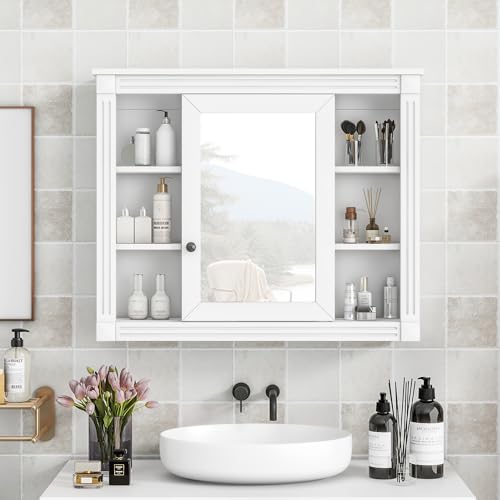 Modern Medicine Cabinet with Mirror and 6 Open Shelves for Bathroom and Kitchen, White