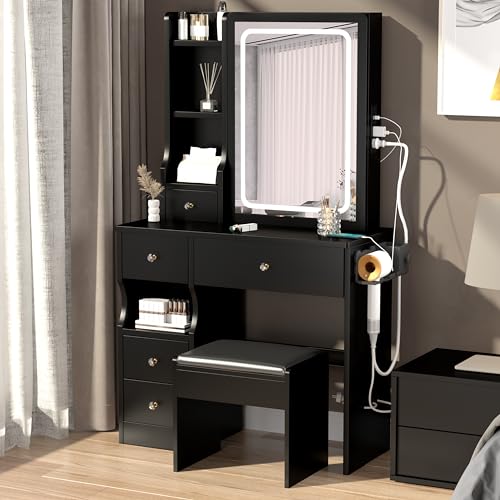 Makeup Vanity Desk with Sliding Mirror, Lights, and Storage for Modern Users.