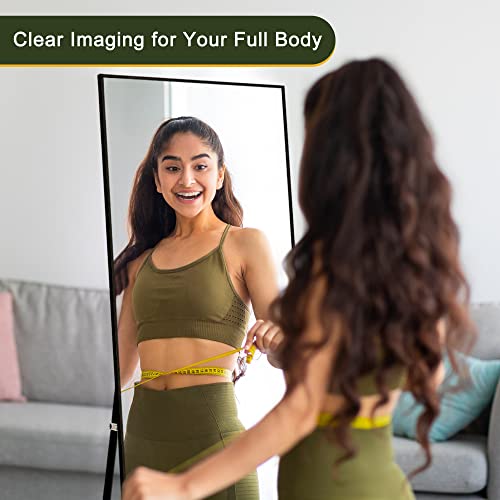 Full Length Mirror with Stand, 56x19 Aluminum Frame Floor Mirror, Black - for Bedroom and Living Room