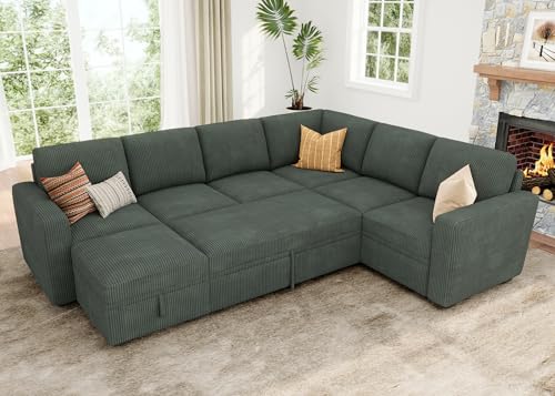 Modular Sectional Sleeper Sofa with Pull Out Bed for Living Room, Green