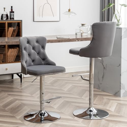 Grey Velvet Swivel Bar Stools for Kitchen Island, Pub, or Club