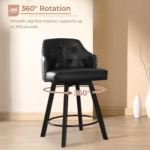 26 Swivel Leather Bar Stools Set of 2, Black Counter Height with Tufted Back and Metal Legs, Upholstered Chairs for Kitchen Island (Button Tufted and Rivet)