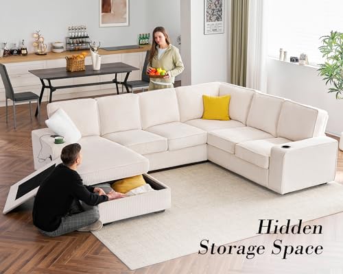 Oversized U-Shaped Sectional Sofa with Storage Chaise, USB Ports, Cup Holder - Beige