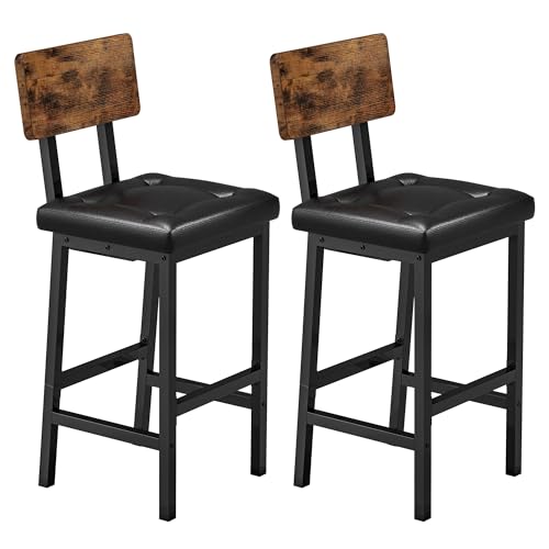 Set of 2 PU Upholstered Bar Stools with Back and Footrest for Kitchen Island - Rustic Brown and Black