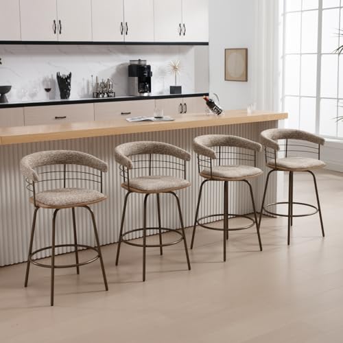 Mid-Century Swivel Bar Stools, Khaki Chenille Fabric, 26" Counter Height