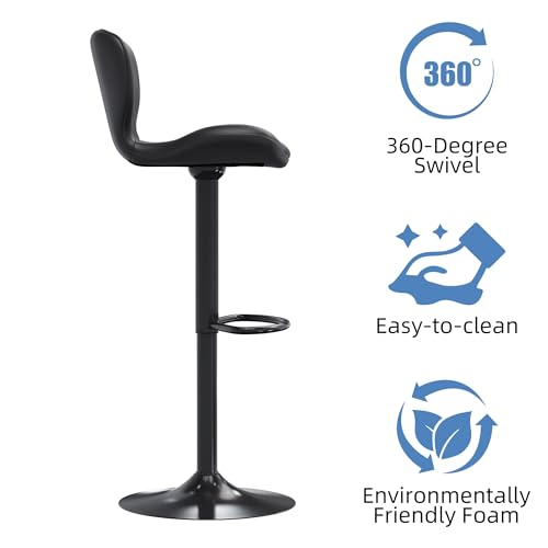 Modern Leather Bar Stools Set of 2 for Kitchen, Black