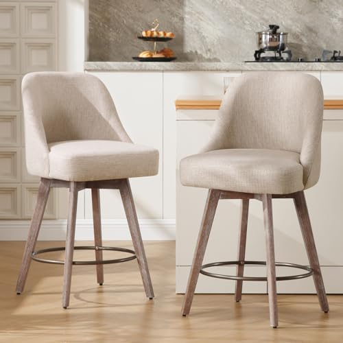 Modern Mid-Century Swivel Barstools Set of 2, Linen Fabric Upholstered, 26 Seat Height - Sand Color (Kitchen Island Counter Stools)