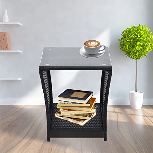 Outdoor Side Coffee Table with Storage Shelf, Rattan and Steel Frame, Patio Furniture Square, Bistro Table for Garden, Porch, and Pool Area (Black)