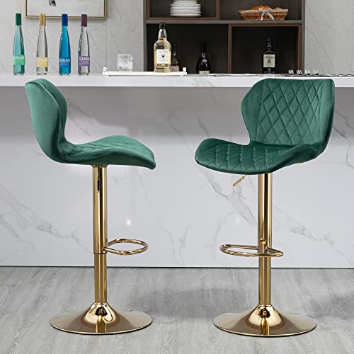 Modern Velvet Swivel Bar Stools Set of 2 - Green & Gold