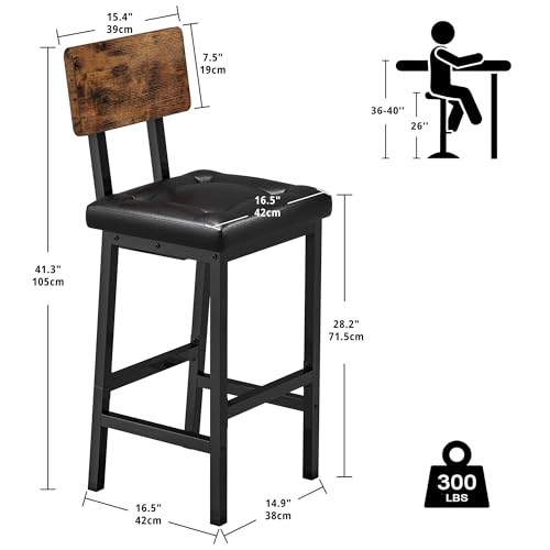 Rustic Brown & Black PU Bar Stools with Back & Footrest - Kitchen Island Set