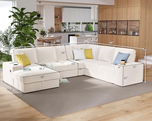 Oversized U-Shaped Sectional Sofa with Storage Chaise, USB Ports, Cup Holder - Beige