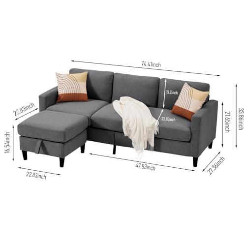 L Shaped Modular Couch for Living Room or Apartment, 3 Seat, 74inch, Dark Grey