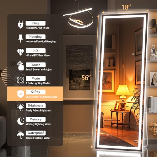 56x18 Full-Length LED Mirror with Lights, Dimmable & Safe