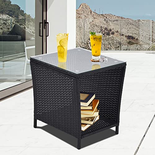Outdoor Side Coffee Table with Storage Shelf, Rattan and Steel Frame, Patio Furniture Square, Bistro Table for Garden, Porch, and Pool Area (Black)