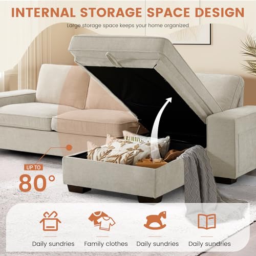 Multi-Functional L Shaped Sofa with USB Charging Ports, Storage Space, Beige Fabric - for ASHOMELI 99 audience