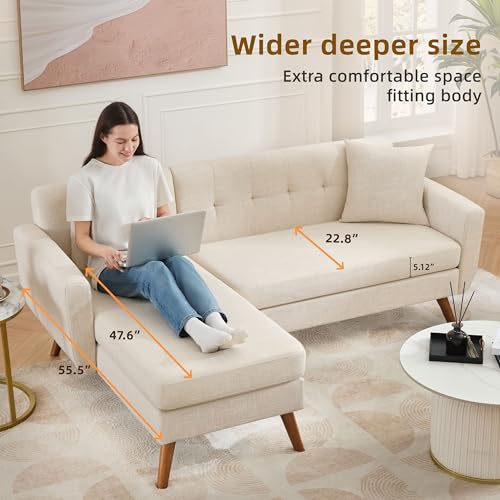 Mid-Century Modern L-Shaped Sofa with Chaise Lounge for Living Room and Bedroom