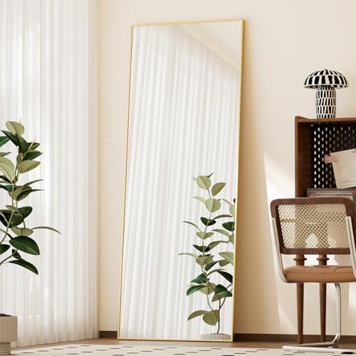 Full Length Floor Mirror with Thin Frame, Shatterproof Tempered Glass, for Living Room, Gold
