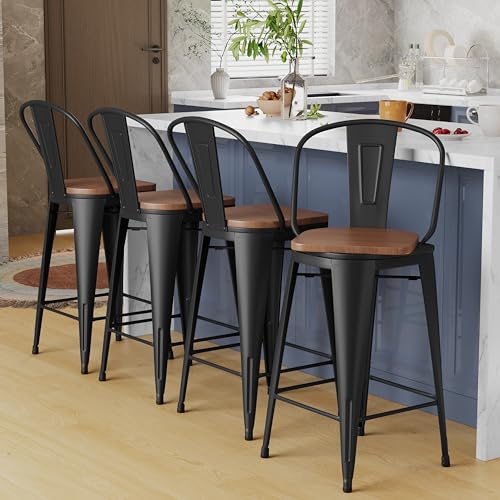 Set of 4 Swivel Metal Bar Stools with High Back and Large Wooden Seat