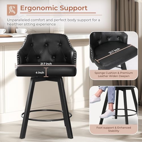 26 Swivel Leather Bar Stools Set of 2, Black Counter Height with Tufted Back and Metal Legs, Upholstered Chairs for Kitchen Island (Button Tufted and Rivet)