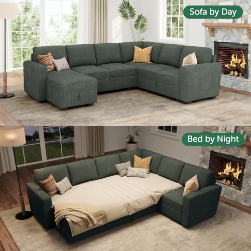 Modular Sectional Sleeper Sofa with Pull Out Bed for Living Room, Green