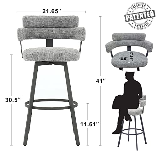 Grey 30 Inch Bar Stools Set of 2 with Full Back and Swivel - Modern Bar Height Stools for Kitchen Island, Dining, and Living Room