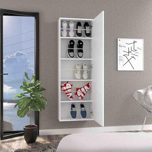 Wall Mounted Shoe Cabinet with Mirror Door, 5-Layer Storage Shelves, White