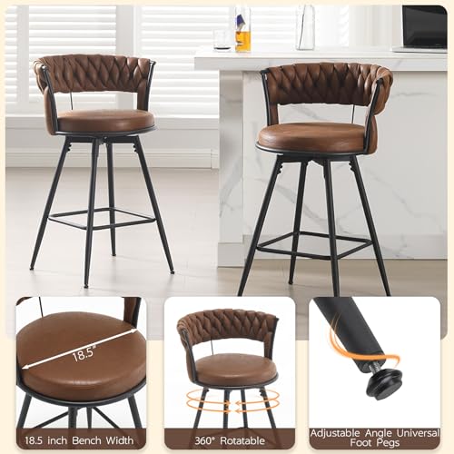 2-Pack 26 Bar Stool Set with Swivel Backrest and Footrest, Upholstered Brown