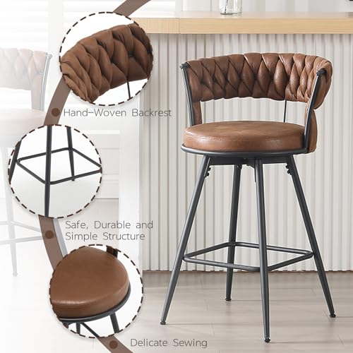 2-Pack 26 Bar Stool Set with Swivel Backrest and Footrest, Upholstered Brown