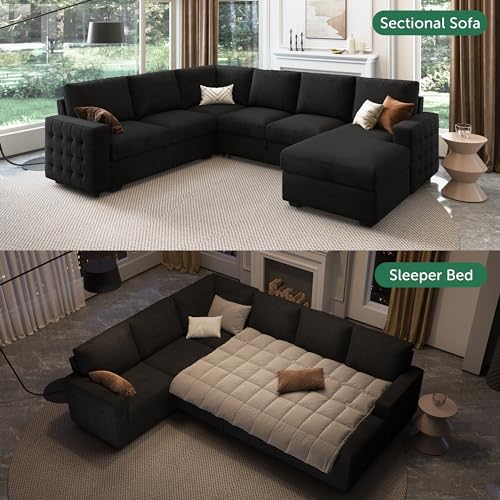 Sectional Sleeper Sofa with Pull-Out Bed and Storage for Living Room, Black Velvet