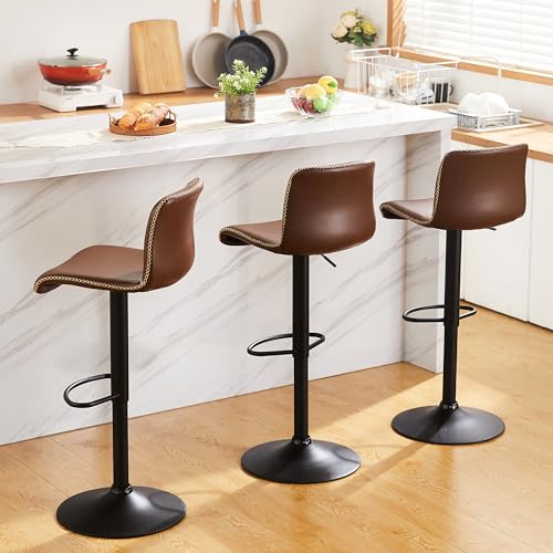 24-32 Inch Adjustable Brown Faux Leather Bar Stools with Back - Set of 2