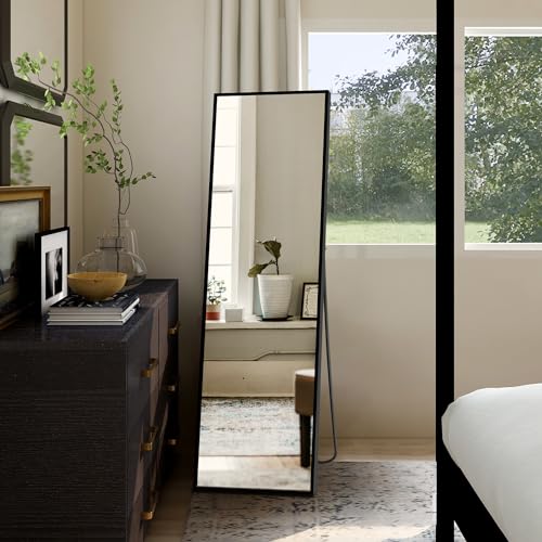 Full Length Standing Mirror for Bedroom and Living Room - Black Aluminum Frame (56x15)