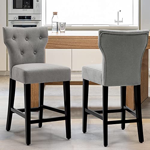 Set of 2 Gray Fabric Barstools with Wood Legs - 25 inch Counter Height for Home Use