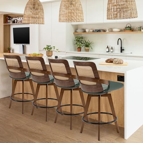 Modern Swivel Rattan Bar Stools with Upholstered Seat - Set of 2 (Walnut Green)