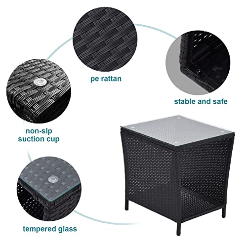 Outdoor Side Coffee Table with Storage Shelf, Rattan and Steel Frame, Patio Furniture Square, Bistro Table for Garden, Porch, and Pool Area (Black)