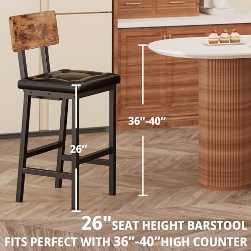 Set of 2 PU Upholstered Bar Stools with Back and Footrest for Kitchen Island - Rustic Brown and Black