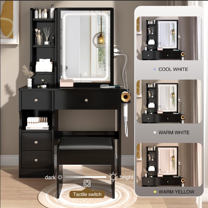 Makeup Vanity Desk with Sliding Mirror, Lights, and Storage for Modern Users.