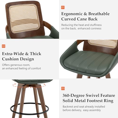 Modern Swivel Rattan Bar Stools with Upholstered Seat - Set of 2 (Walnut Green)