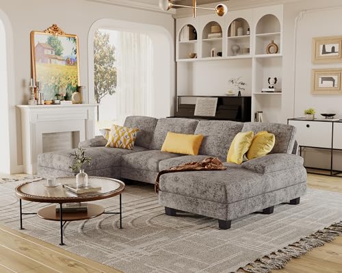 CDT MEDIA Grey U-Shaped Sectional with Double Chaise for Living Room