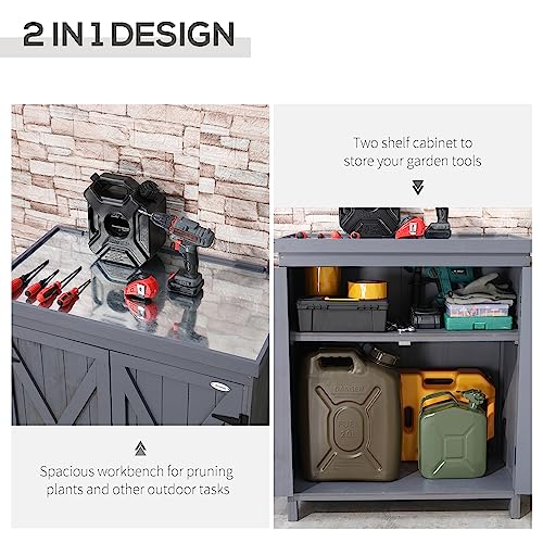 CDT MEDIA Outdoor Tool Shed with Galvanized Top and 2 Shelves for Yard Tools or Pool Accessories, Gray