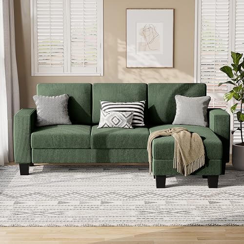 Small Green L-Shaped Sectional Sofa for Apartments, Living Rooms, and Offices