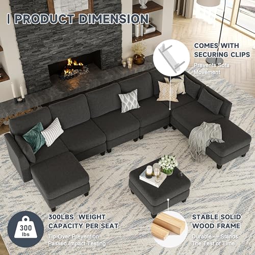 Comfortable U Shaped Modular Sectional Sofa with Memory Foam for Living Room, Dark Grey